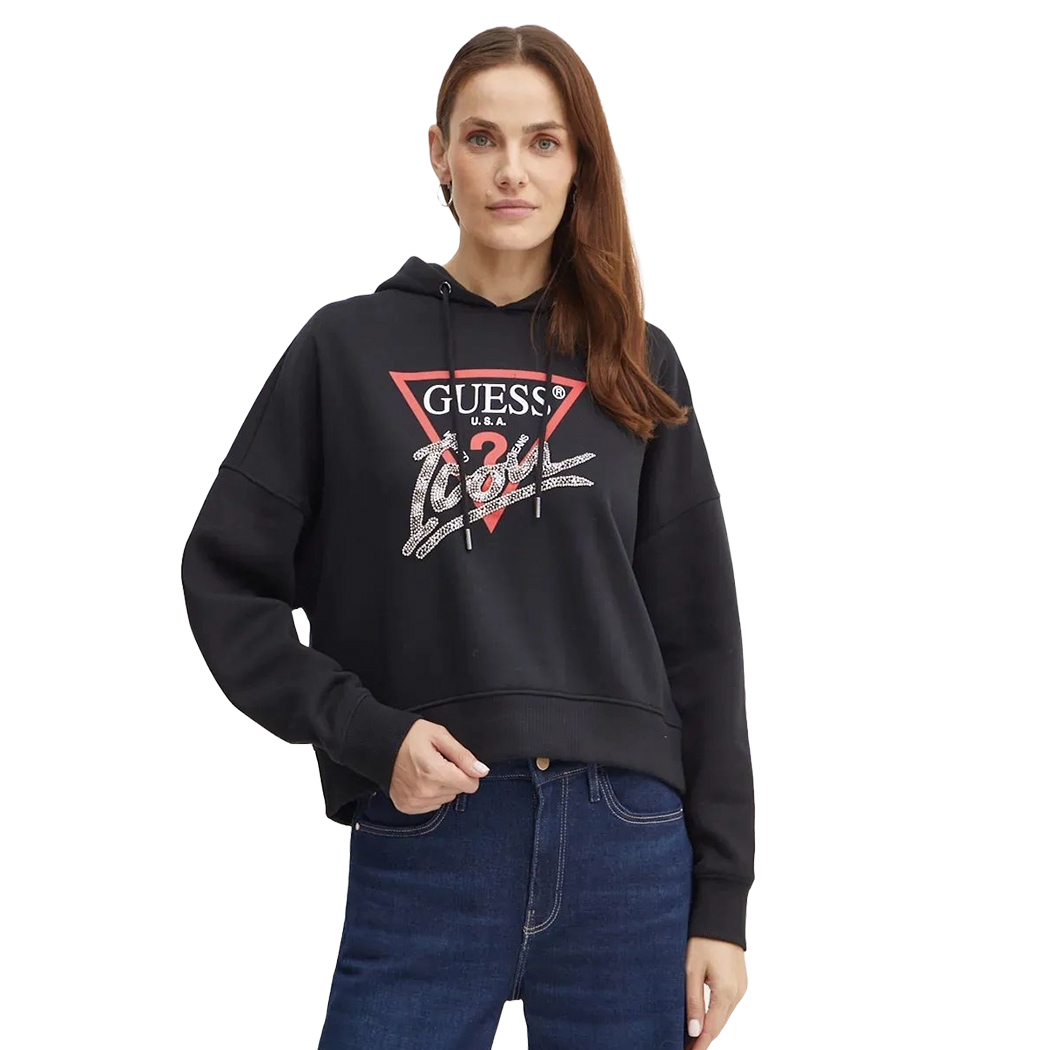 GUESS FELPA DONNA INVERNALE CAPPUCCIO LOGO FRONTALE STRASS MAGLIA W4BQ06KB683