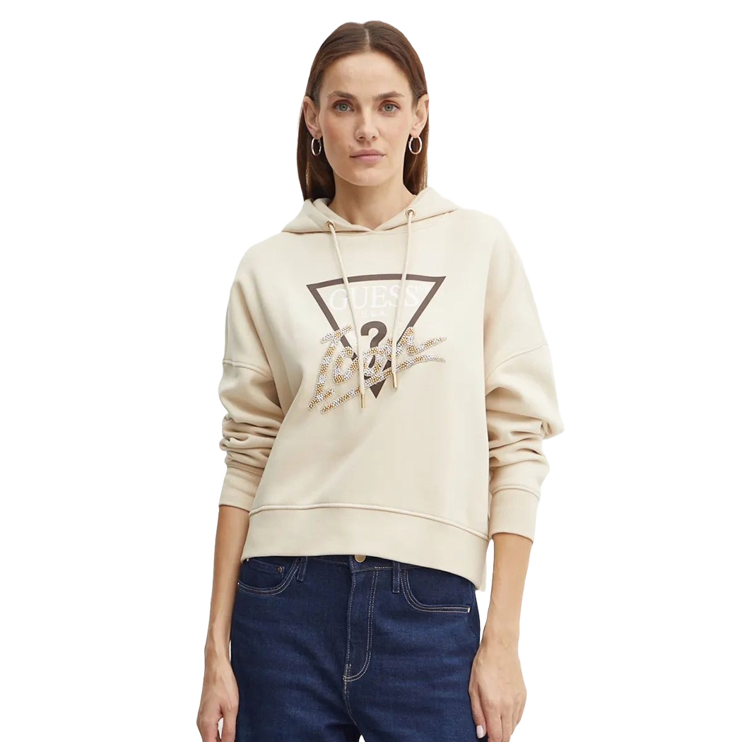 GUESS FELPA DONNA INVERNALE CAPPUCCIO LOGO FRONTALE STRASS MAGLIA W4BQ06KB683