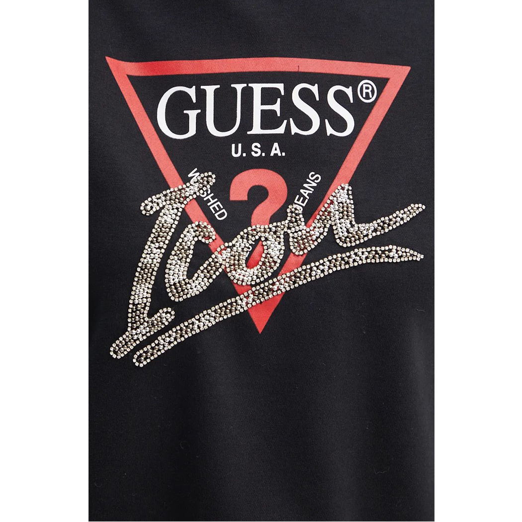 GUESS FELPA DONNA INVERNALE CAPPUCCIO LOGO FRONTALE STRASS MAGLIA W4BQ06KB683