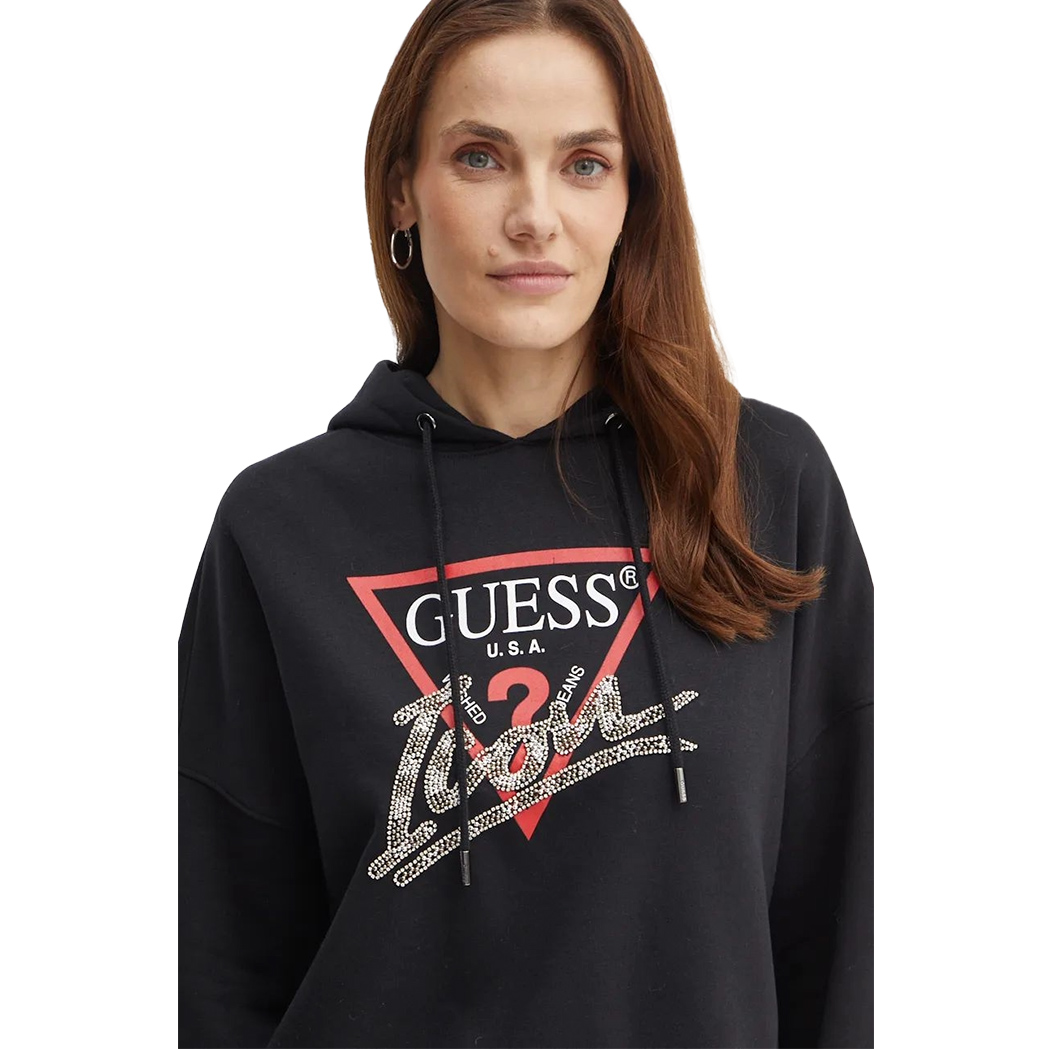 GUESS FELPA DONNA INVERNALE CAPPUCCIO LOGO FRONTALE STRASS MAGLIA W4BQ06KB683
