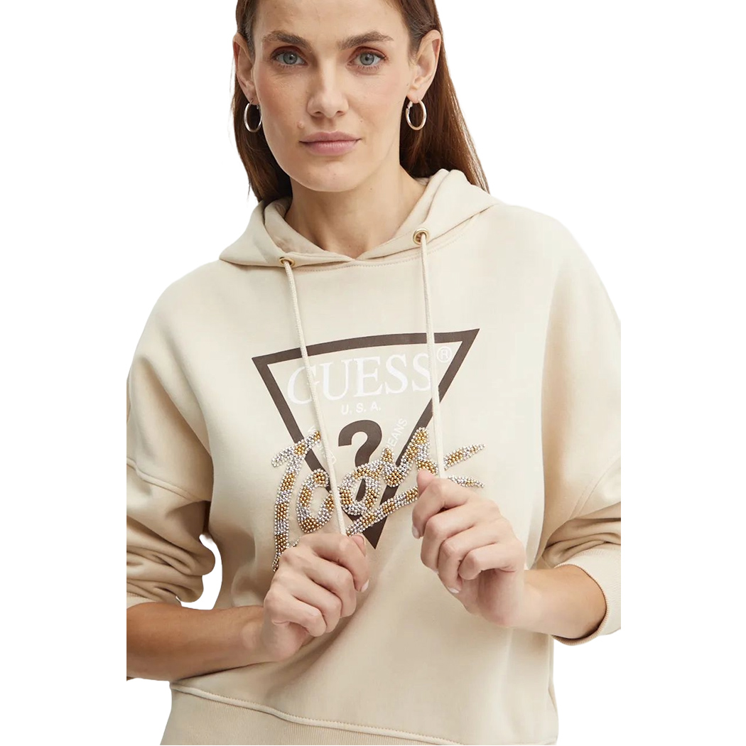 GUESS FELPA DONNA INVERNALE CAPPUCCIO LOGO FRONTALE STRASS MAGLIA W4BQ06KB683