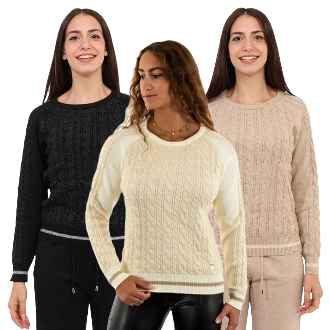 YES ZEE MAGLIA DONNA GIROCOLLO MAGLIONE TRECCE LUREX VISCOSA SWEATER M008/BI00