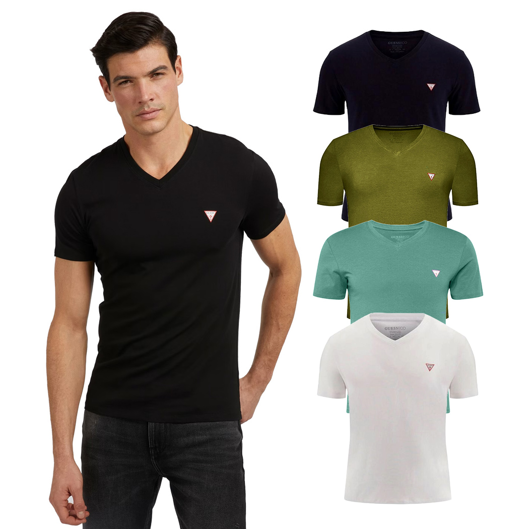 GUESS T-SHIRT UOMO SCOLLO A V MAGLIA COTONE JERSEY STRETCH LOGO SLIM M2YI37I3Z14