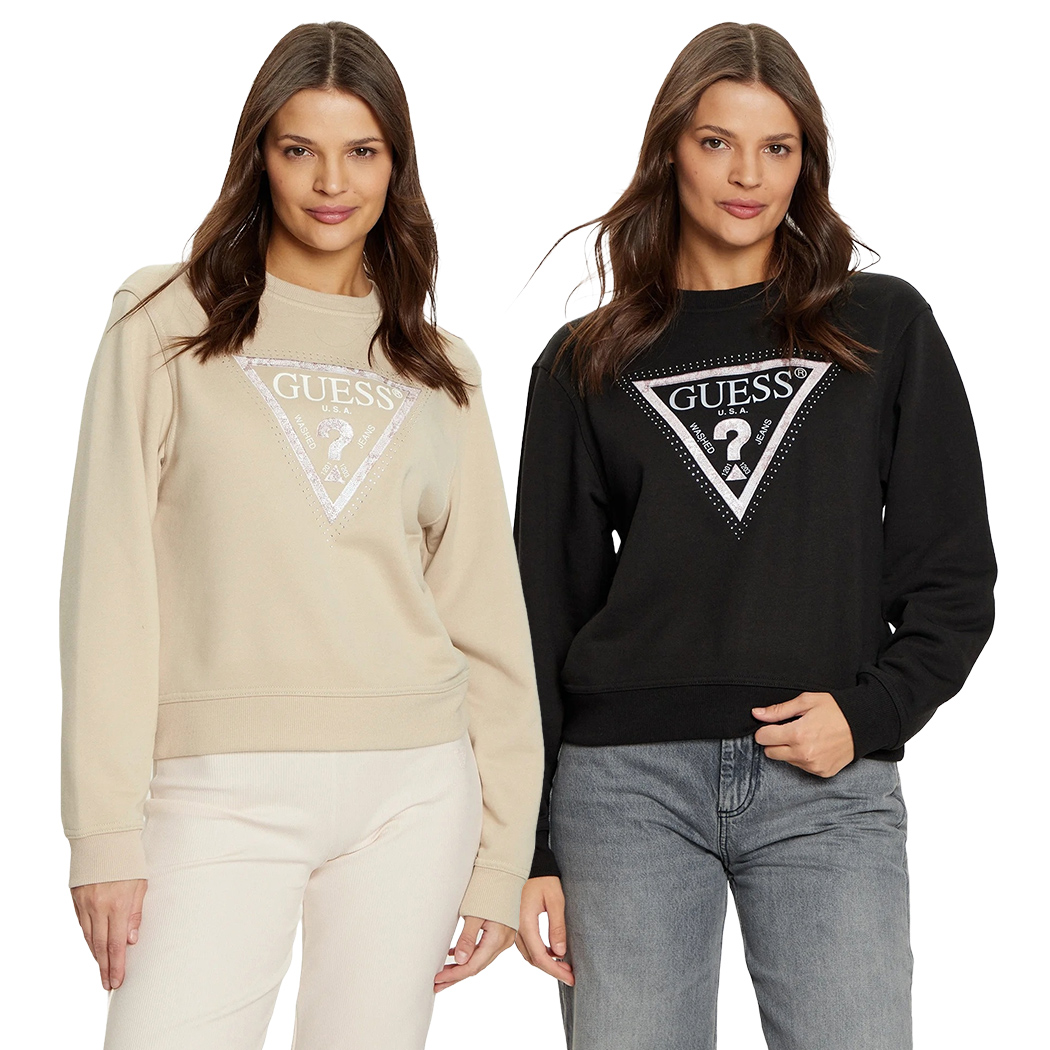 GUESS FELPA DONNA COTONE PRIMAVERA LOGO TRIANGOLO STRASS MAGLIA W5RQ09K8802