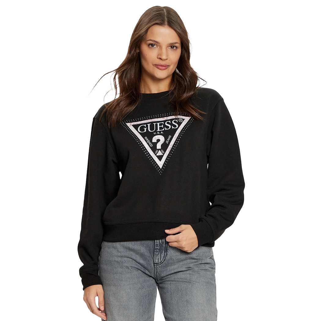 GUESS FELPA DONNA COTONE PRIMAVERA LOGO TRIANGOLO STRASS MAGLIA W5RQ09K8802