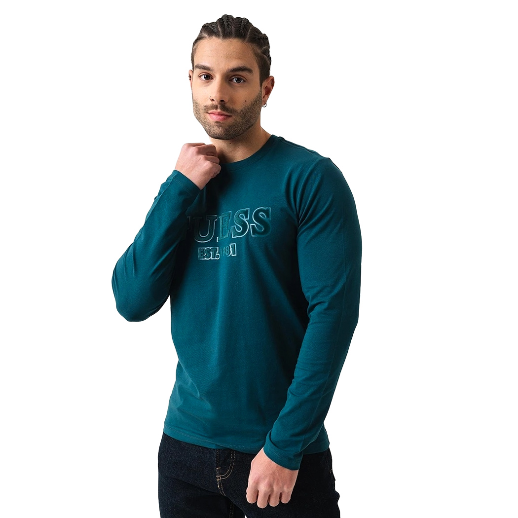 GUESS T-SHIRT UOMO MAGLIA COTONE JERSEY STRETCH LOGO MANICA LUNGA M5R13J1314