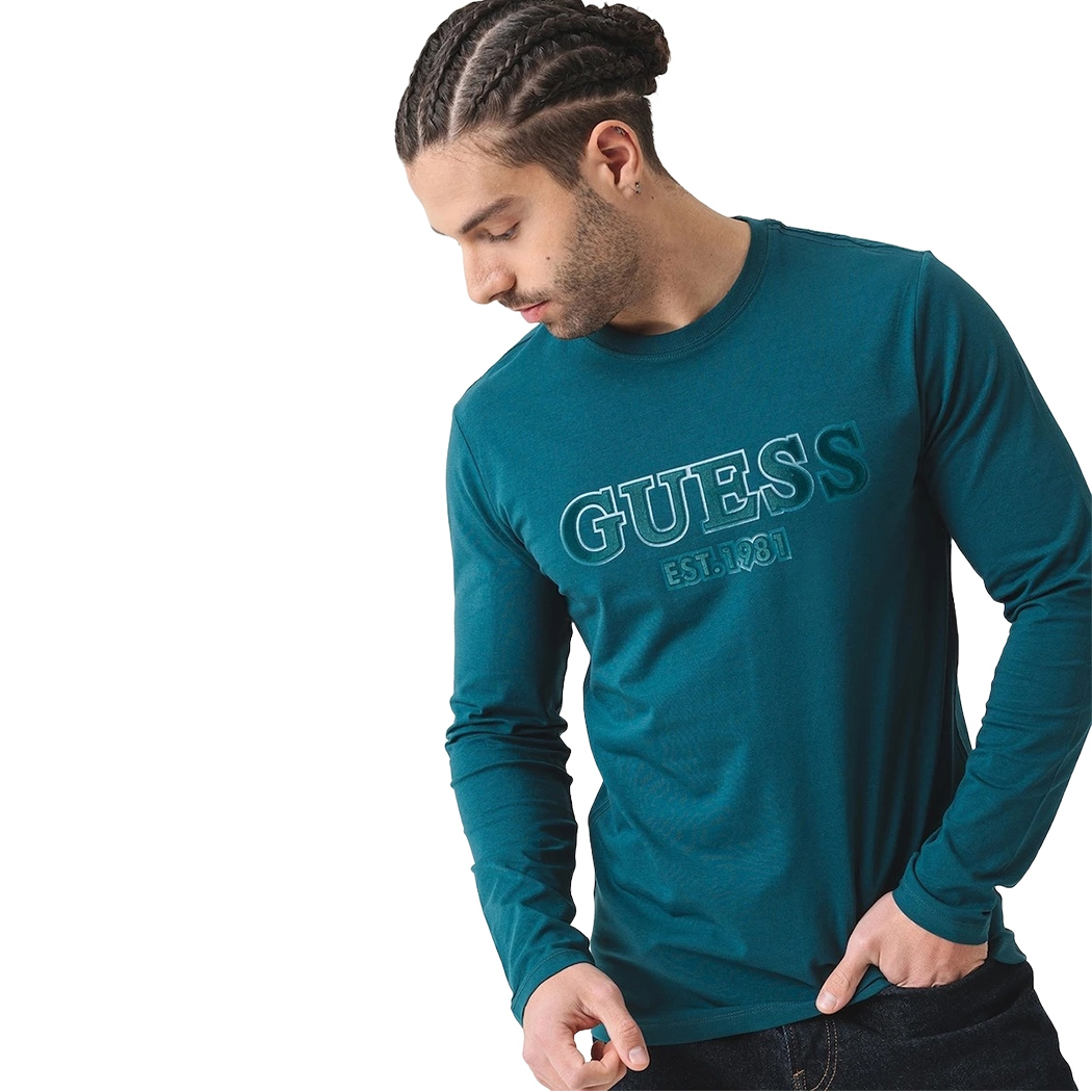 GUESS T-SHIRT UOMO MAGLIA COTONE JERSEY STRETCH LOGO MANICA LUNGA M5R13J1314