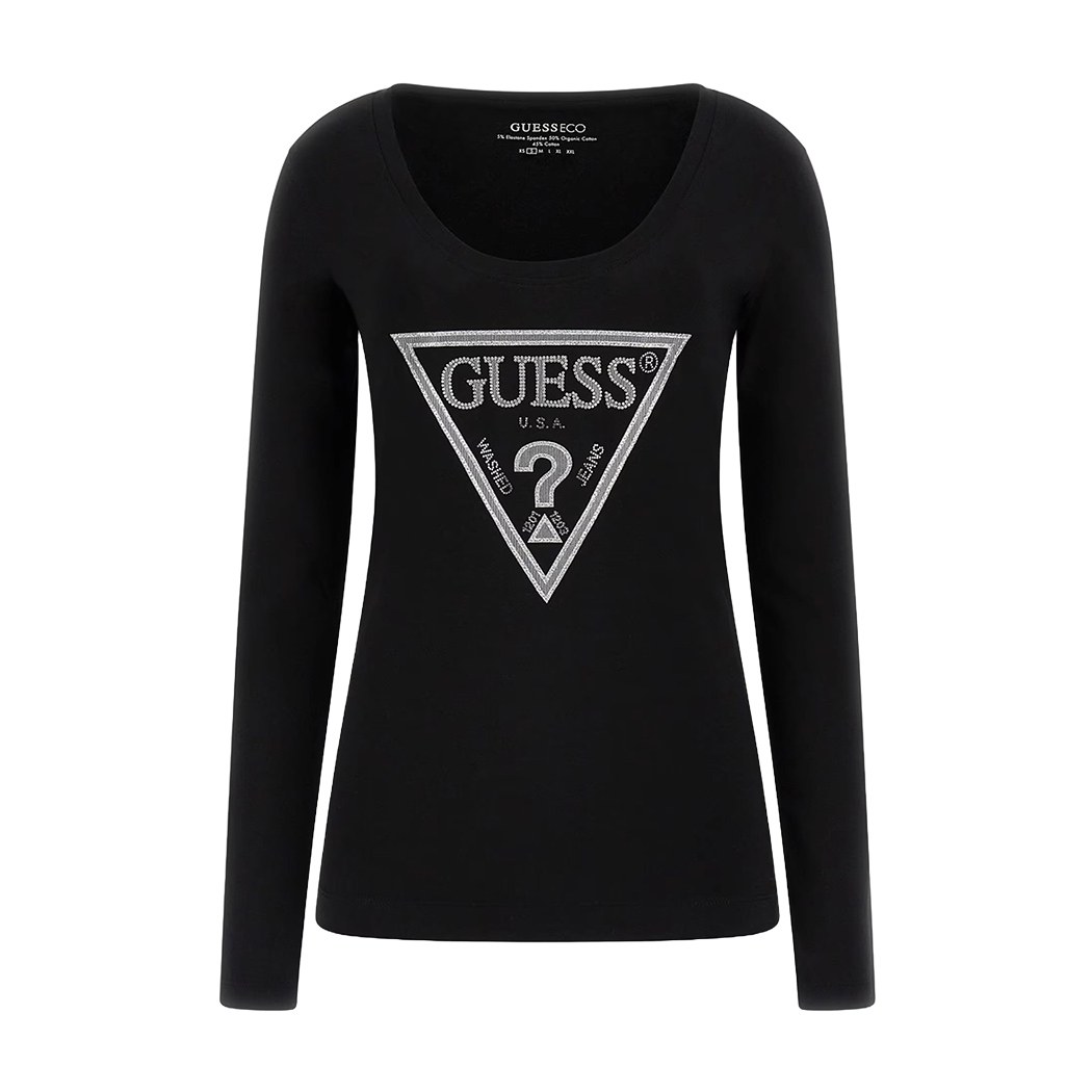 GUESS T-SHIRT MAGLIA MAGLIETTA DONNA LOGO FRONTALE STRASS ARGENTO W4YI75J1314