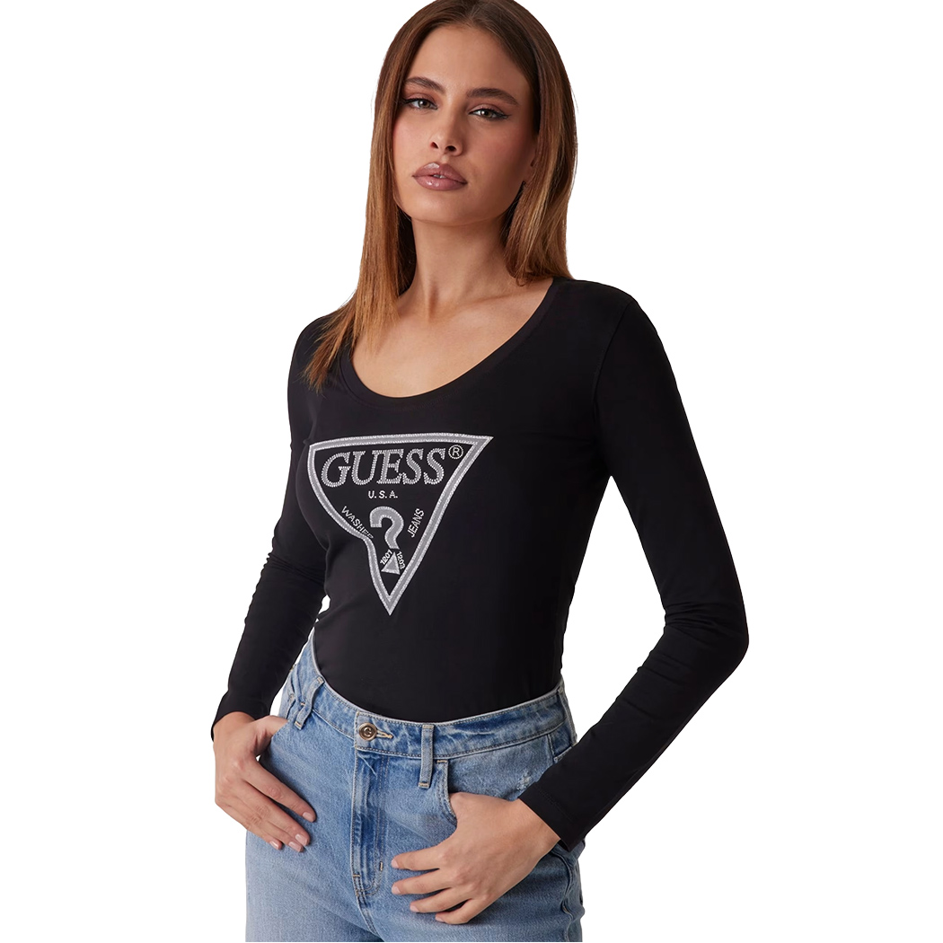 GUESS T-SHIRT MAGLIA MAGLIETTA DONNA LOGO FRONTALE STRASS ARGENTO W4YI75J1314