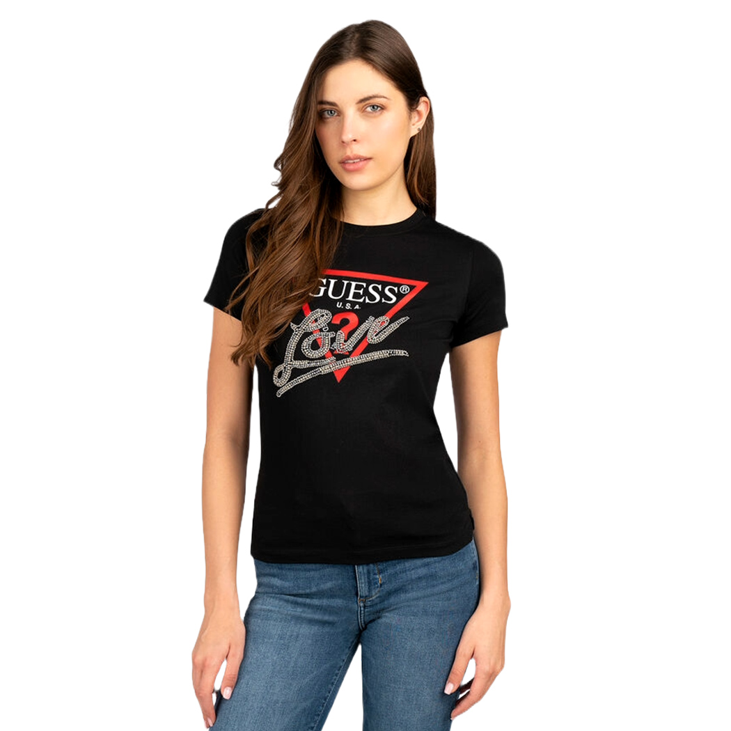 GUESS T-SHIRT MAGLIA MAGLIETTA DONNA LOGO FRONTALE TRIANGOLO STRASS W5RI10I3Z14