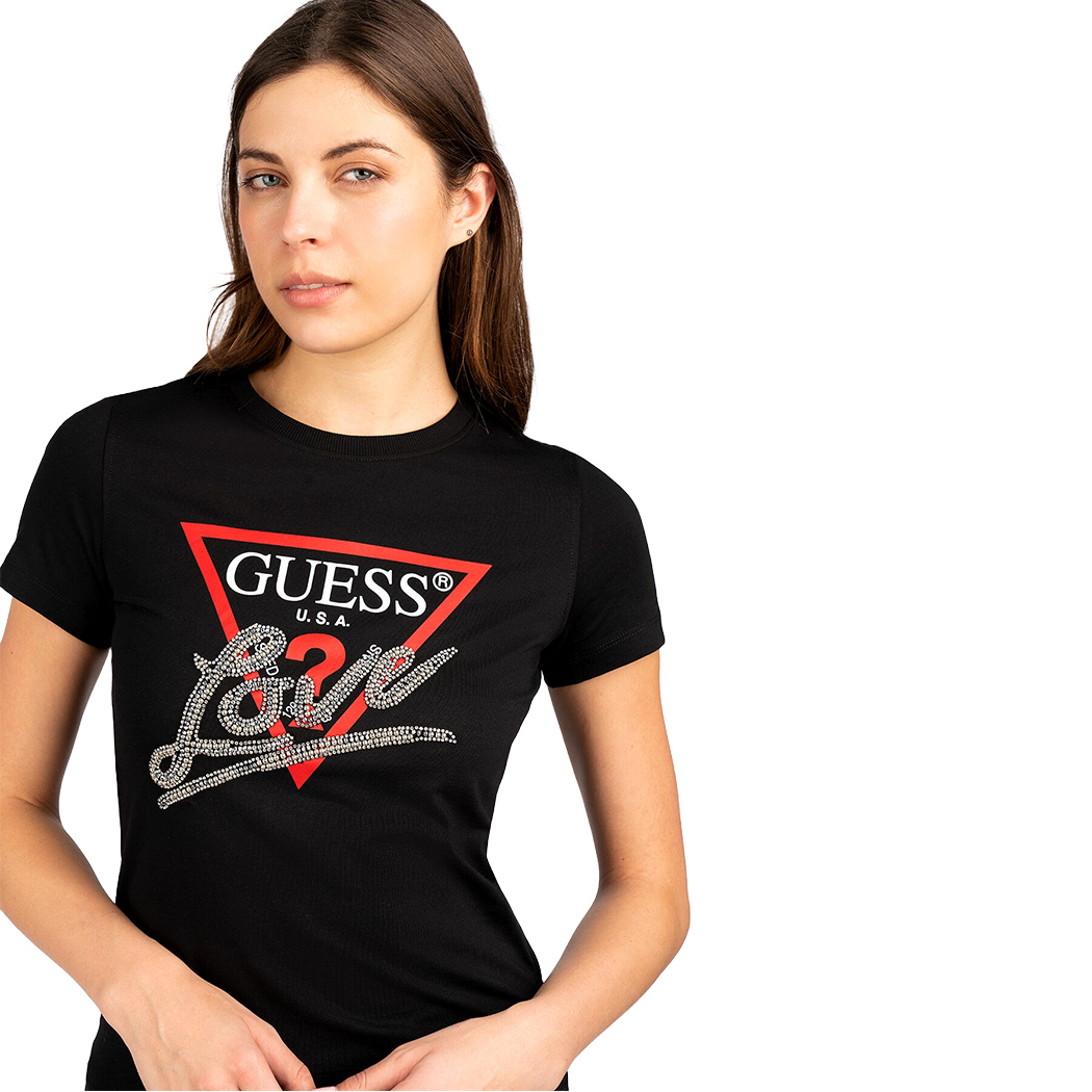 GUESS T-SHIRT MAGLIA MAGLIETTA DONNA LOGO FRONTALE TRIANGOLO STRASS W5RI10I3Z14