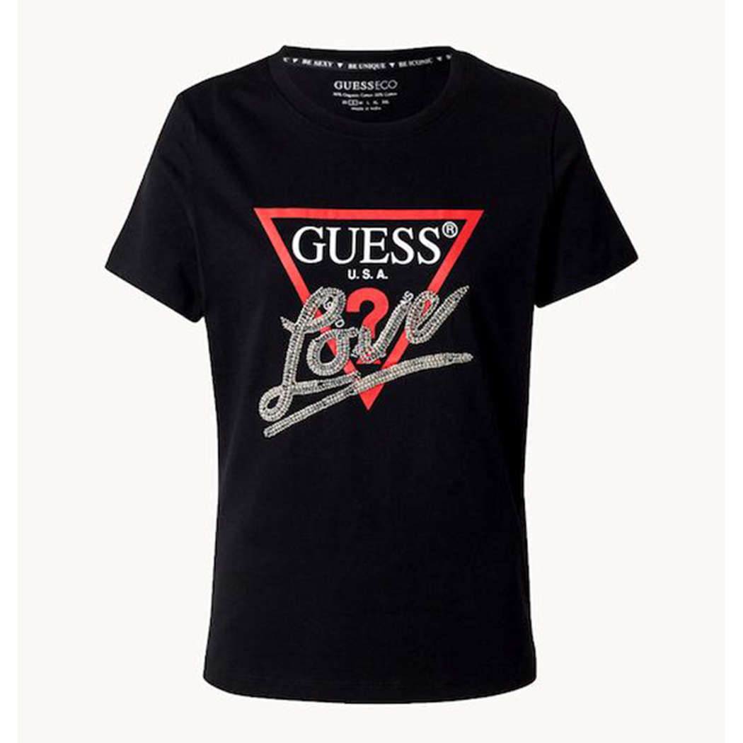 GUESS T-SHIRT MAGLIA MAGLIETTA DONNA LOGO FRONTALE TRIANGOLO STRASS W5RI10I3Z14