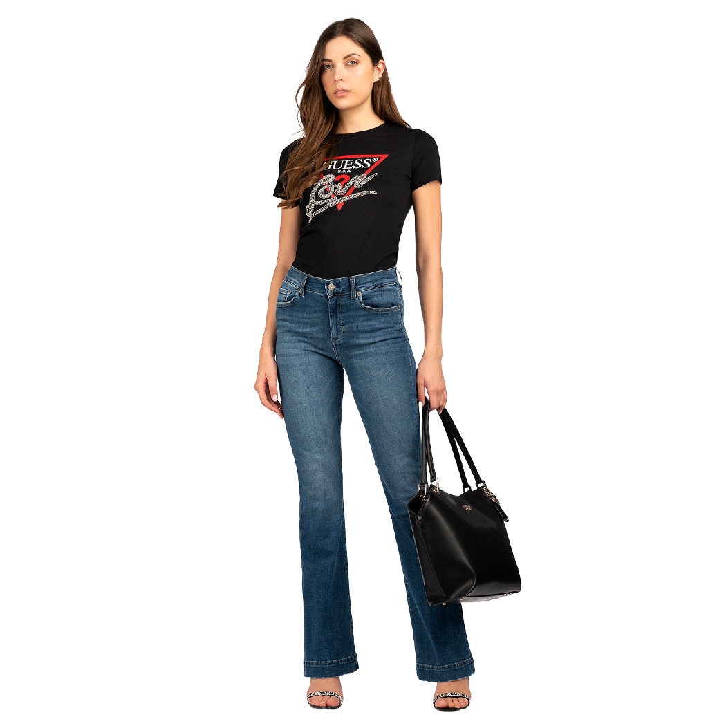 GUESS T-SHIRT MAGLIA MAGLIETTA DONNA LOGO FRONTALE TRIANGOLO STRASS W5RI10I3Z14