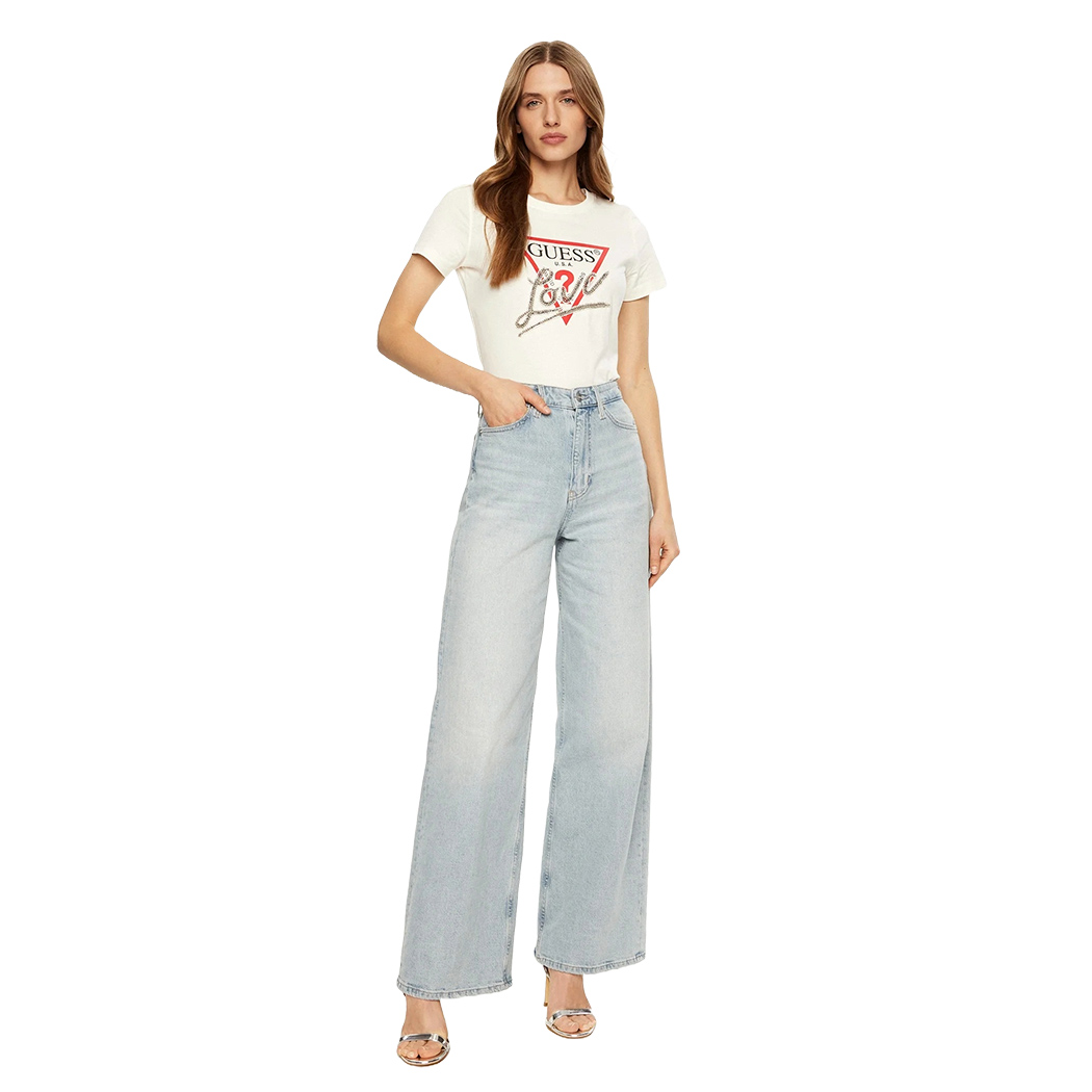 GUESS T-SHIRT MAGLIA MAGLIETTA DONNA LOGO FRONTALE TRIANGOLO STRASS W5RI10I3Z14