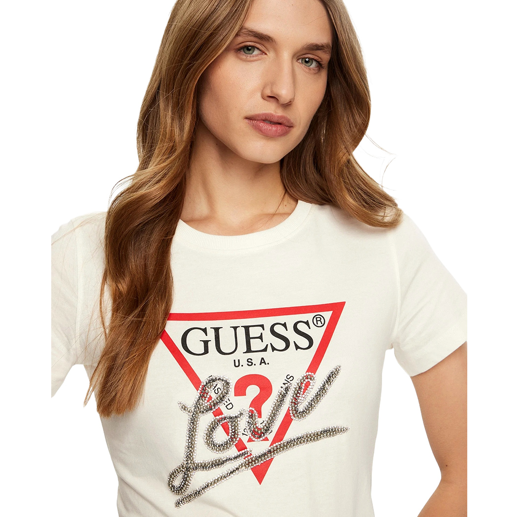 GUESS T-SHIRT MAGLIA MAGLIETTA DONNA LOGO FRONTALE TRIANGOLO STRASS W5RI10I3Z14