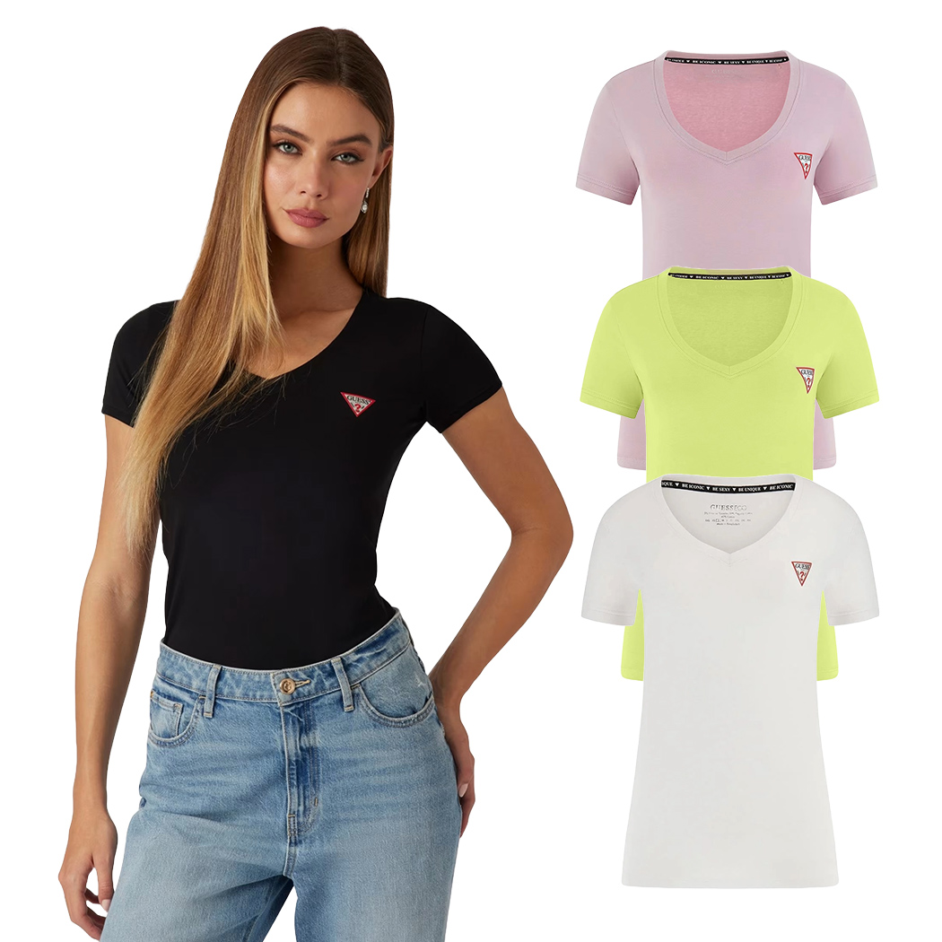 GUESS T-SHIRT MAGLIA MAGLIETTA DONNA UNITA SCOLLO V PUNTA MINI LOGO W2YI45J1314