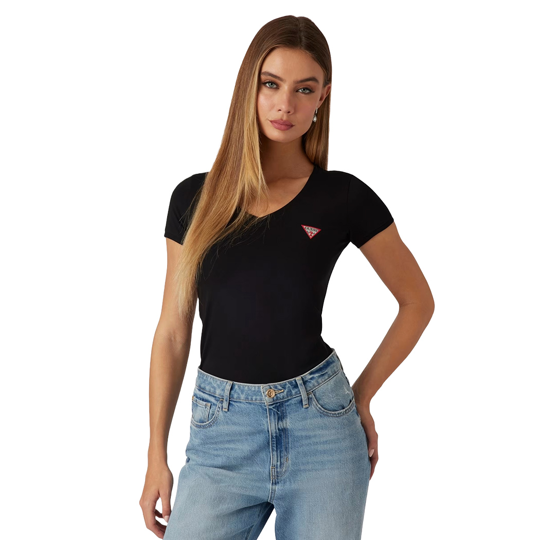 GUESS T-SHIRT MAGLIA MAGLIETTA DONNA UNITA SCOLLO V PUNTA MINI LOGO W2YI45J1314