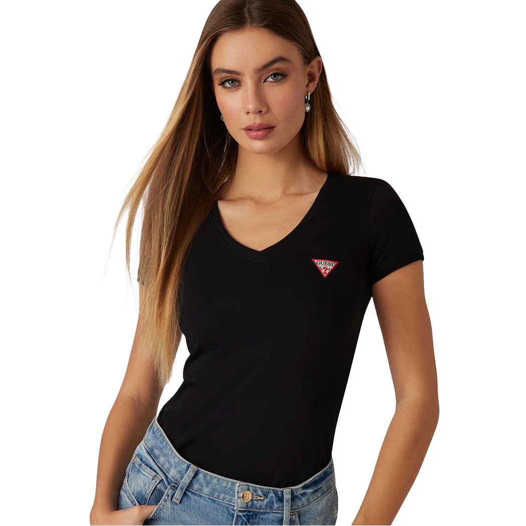 GUESS T-SHIRT MAGLIA MAGLIETTA DONNA UNITA SCOLLO V PUNTA MINI LOGO W2YI45J1314