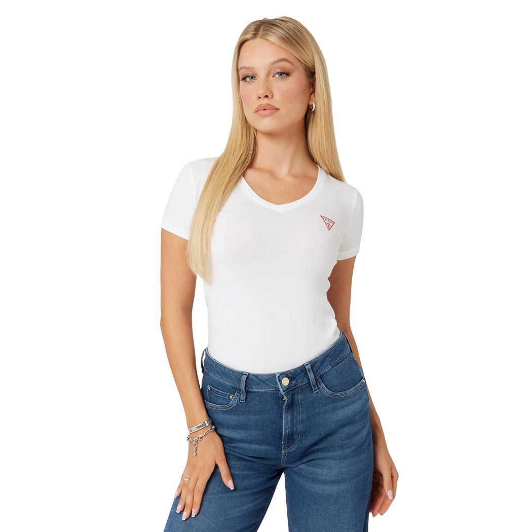 GUESS T-SHIRT MAGLIA MAGLIETTA DONNA UNITA SCOLLO V PUNTA MINI LOGO W2YI45J1314