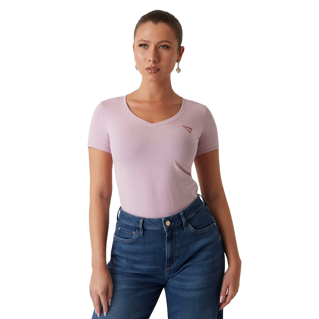 GUESS T-SHIRT MAGLIA MAGLIETTA DONNA UNITA SCOLLO V PUNTA MINI LOGO W2YI45J1314