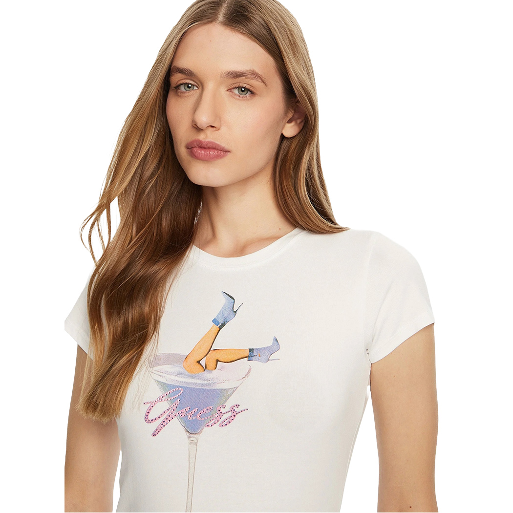 GUESS T-SHIRT MAGLIA MAGLIETTA DONNA LOGO STAMPA FRONTALE STRASS W5RI29KA0Q1