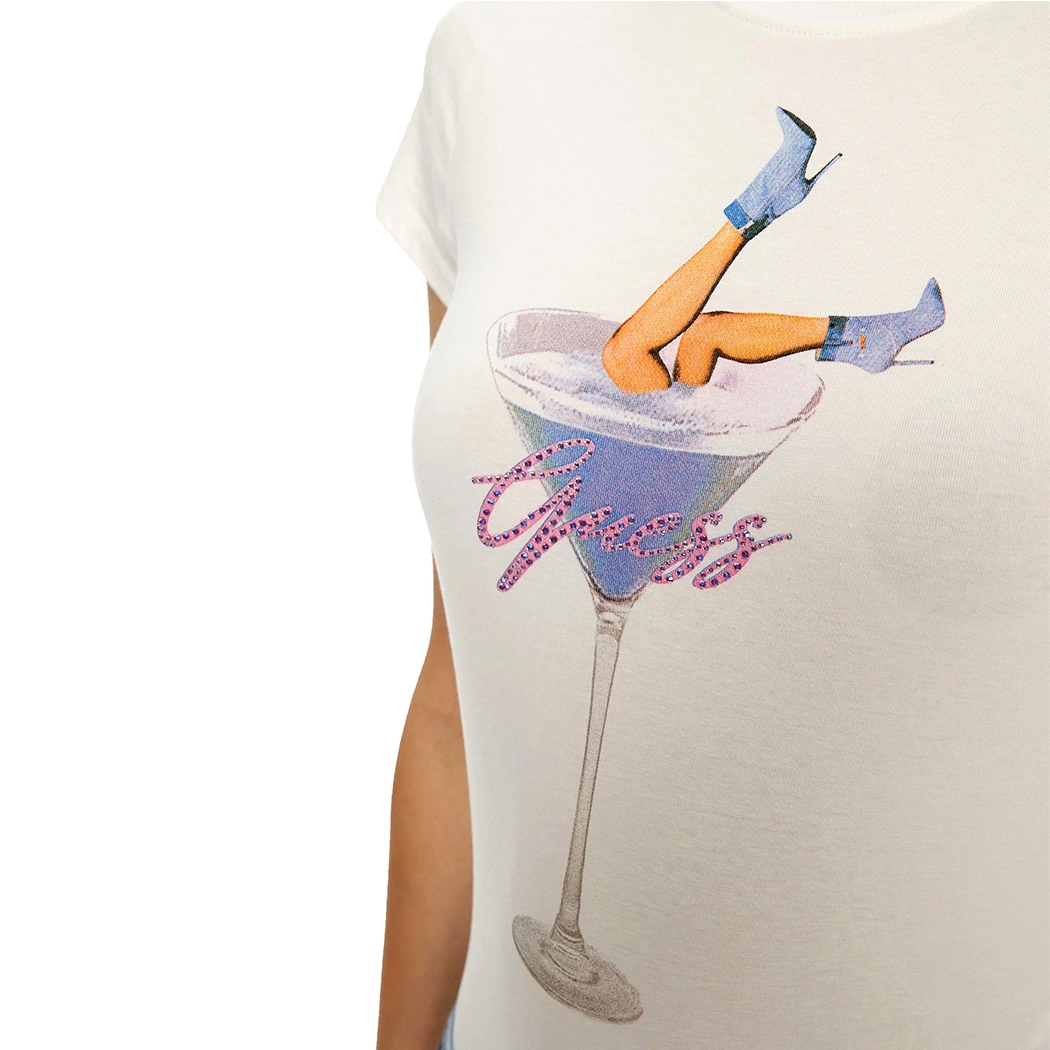 GUESS T-SHIRT MAGLIA MAGLIETTA DONNA LOGO STAMPA FRONTALE STRASS W5RI29KA0Q1