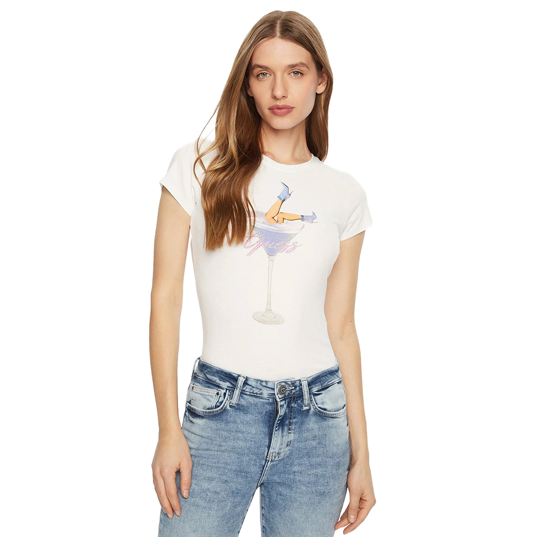 GUESS T-SHIRT MAGLIA MAGLIETTA DONNA LOGO STAMPA FRONTALE STRASS W5RI29KA0Q1