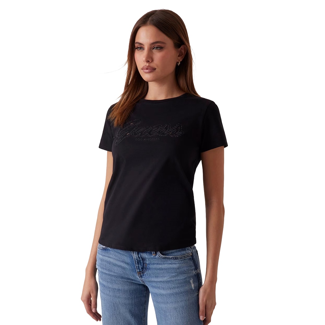 GUESS T-SHIRT MAGLIA MAGLIETTA DONNA CON LOGO IN PIZZO E STRASS W5RI08K9RM1