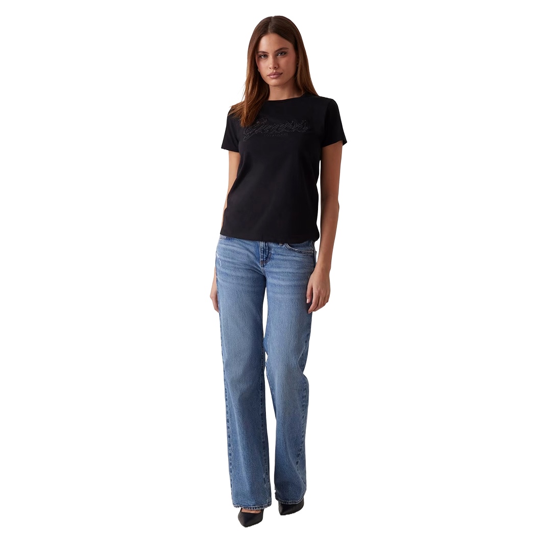 GUESS T-SHIRT MAGLIA MAGLIETTA DONNA CON LOGO IN PIZZO E STRASS W5RI08K9RM1