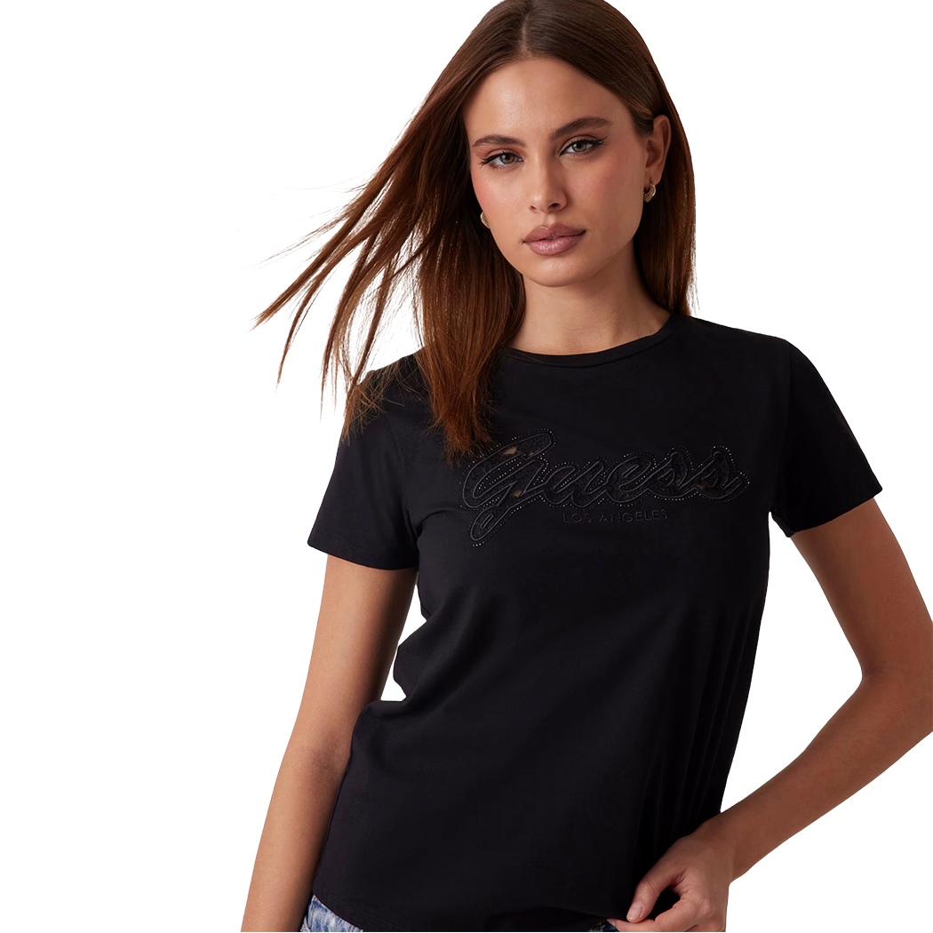 GUESS T-SHIRT MAGLIA MAGLIETTA DONNA CON LOGO IN PIZZO E STRASS W5RI08K9RM1