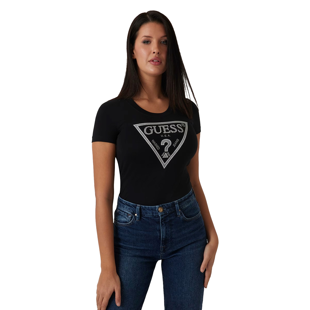 GUESS T-SHIRT MAGLIA MAGLIETTA DONNA LOGO FRONTALE TRIANGOLO STRASS W5RI11J1314