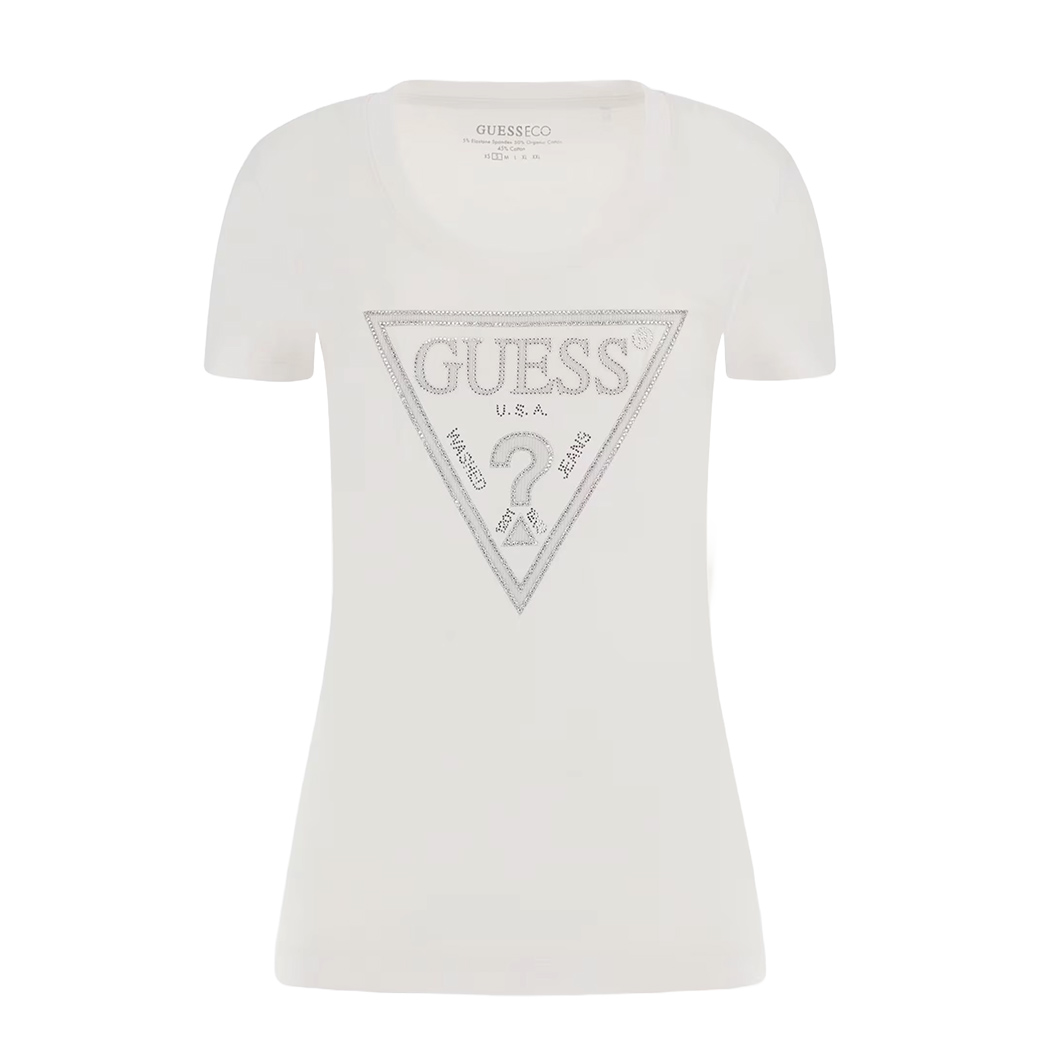 GUESS T-SHIRT MAGLIA MAGLIETTA DONNA LOGO FRONTALE TRIANGOLO STRASS W5RI11J1314