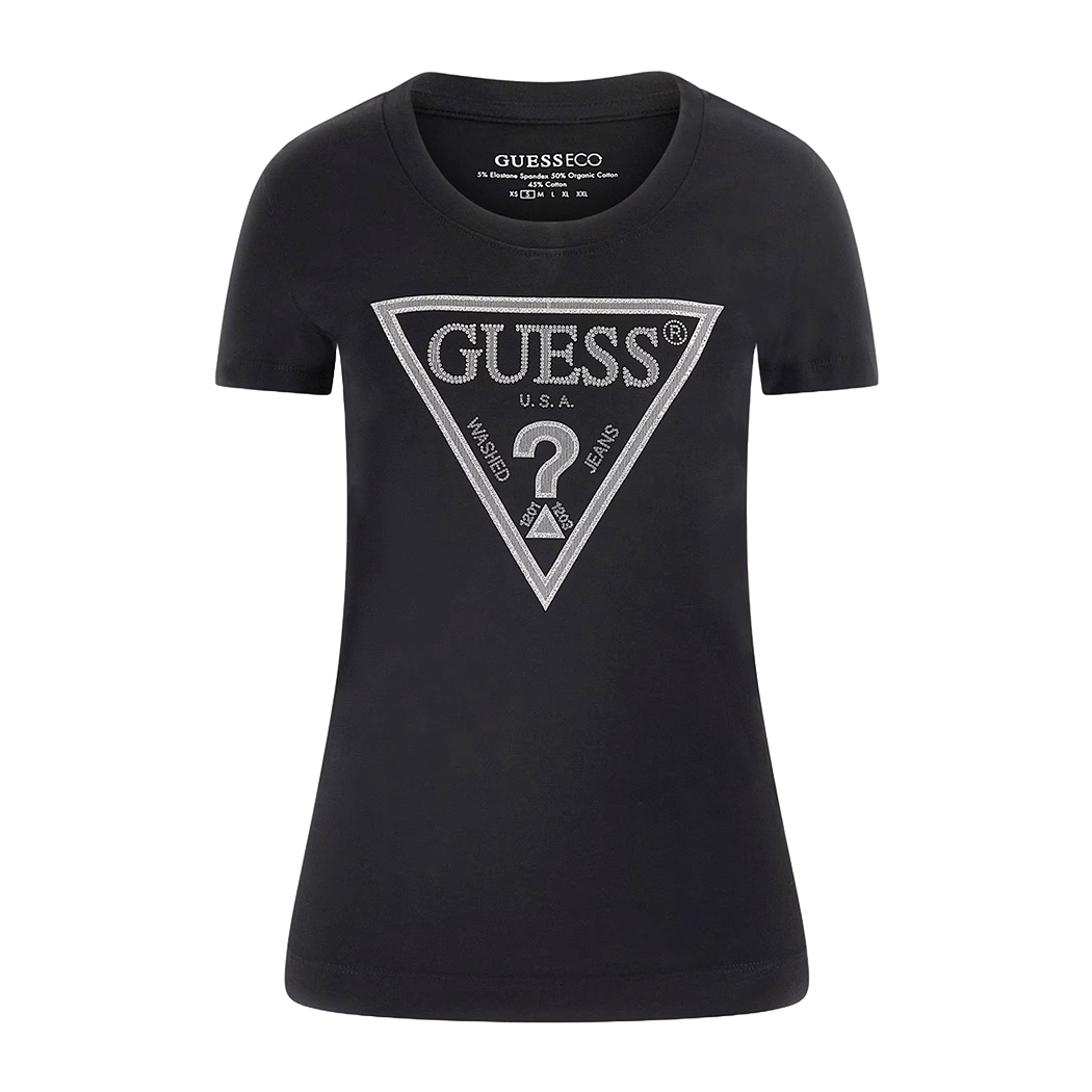 GUESS T-SHIRT MAGLIA MAGLIETTA DONNA LOGO FRONTALE TRIANGOLO STRASS W5RI11J1314