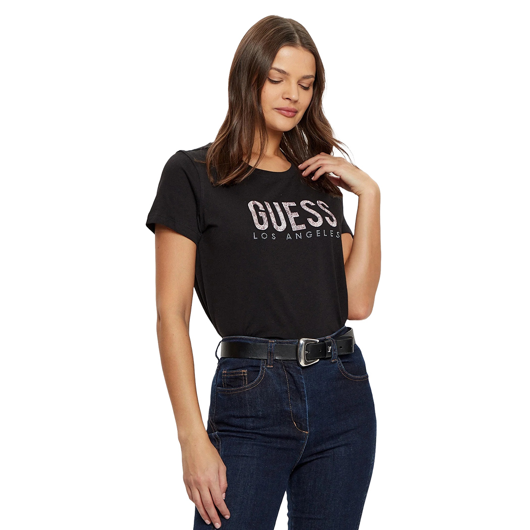 GUESS T-SHIRT MAGLIA MAGLIETTA DONNA LOGO FRONTALE PAILLETTES STRASS W5RI19I3Z14
