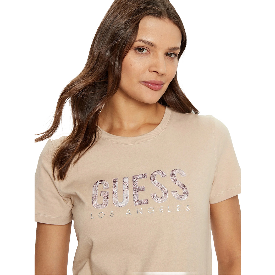 GUESS T-SHIRT MAGLIA MAGLIETTA DONNA LOGO FRONTALE PAILLETTES STRASS W5RI19I3Z14