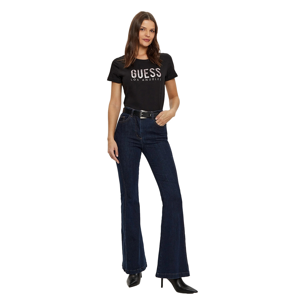 GUESS T-SHIRT MAGLIA MAGLIETTA DONNA LOGO FRONTALE PAILLETTES STRASS W5RI19I3Z14