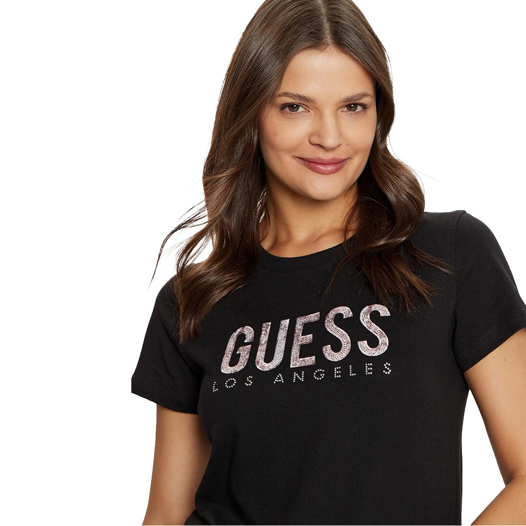 GUESS T-SHIRT MAGLIA MAGLIETTA DONNA LOGO FRONTALE PAILLETTES STRASS W5RI19I3Z14