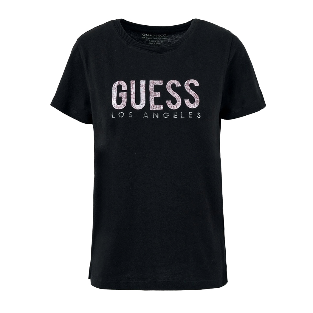 GUESS T-SHIRT MAGLIA MAGLIETTA DONNA LOGO FRONTALE PAILLETTES STRASS W5RI19I3Z14