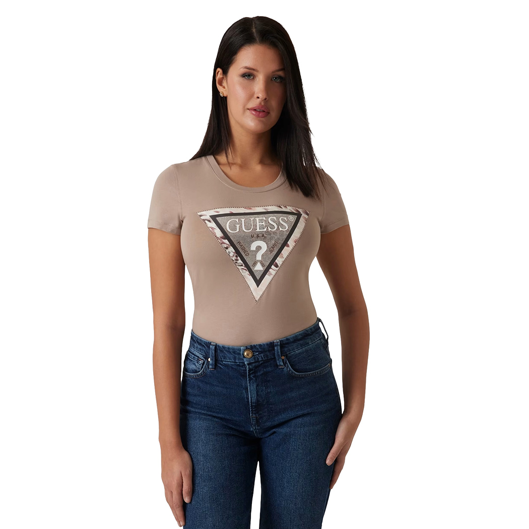 GUESS T-SHIRT MAGLIA MAGLIETTA DONNA LOGO FRONTALE TRIANGOLO STRASS W5RI22J1314