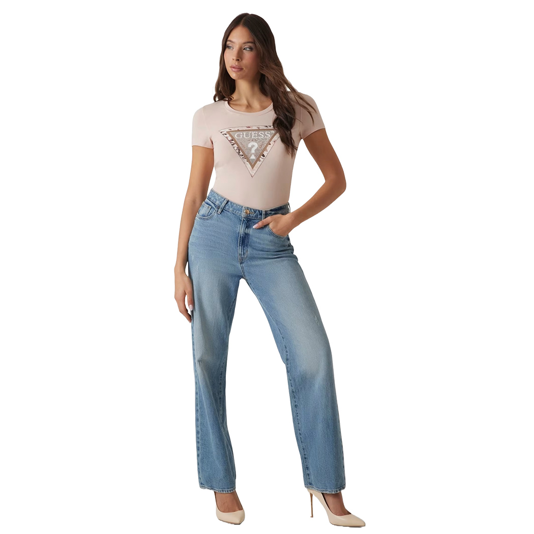 GUESS T-SHIRT MAGLIA MAGLIETTA DONNA LOGO FRONTALE TRIANGOLO STRASS W5RI22J1314