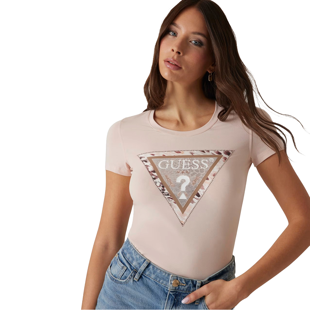GUESS T-SHIRT MAGLIA MAGLIETTA DONNA LOGO FRONTALE TRIANGOLO STRASS W5RI22J1314