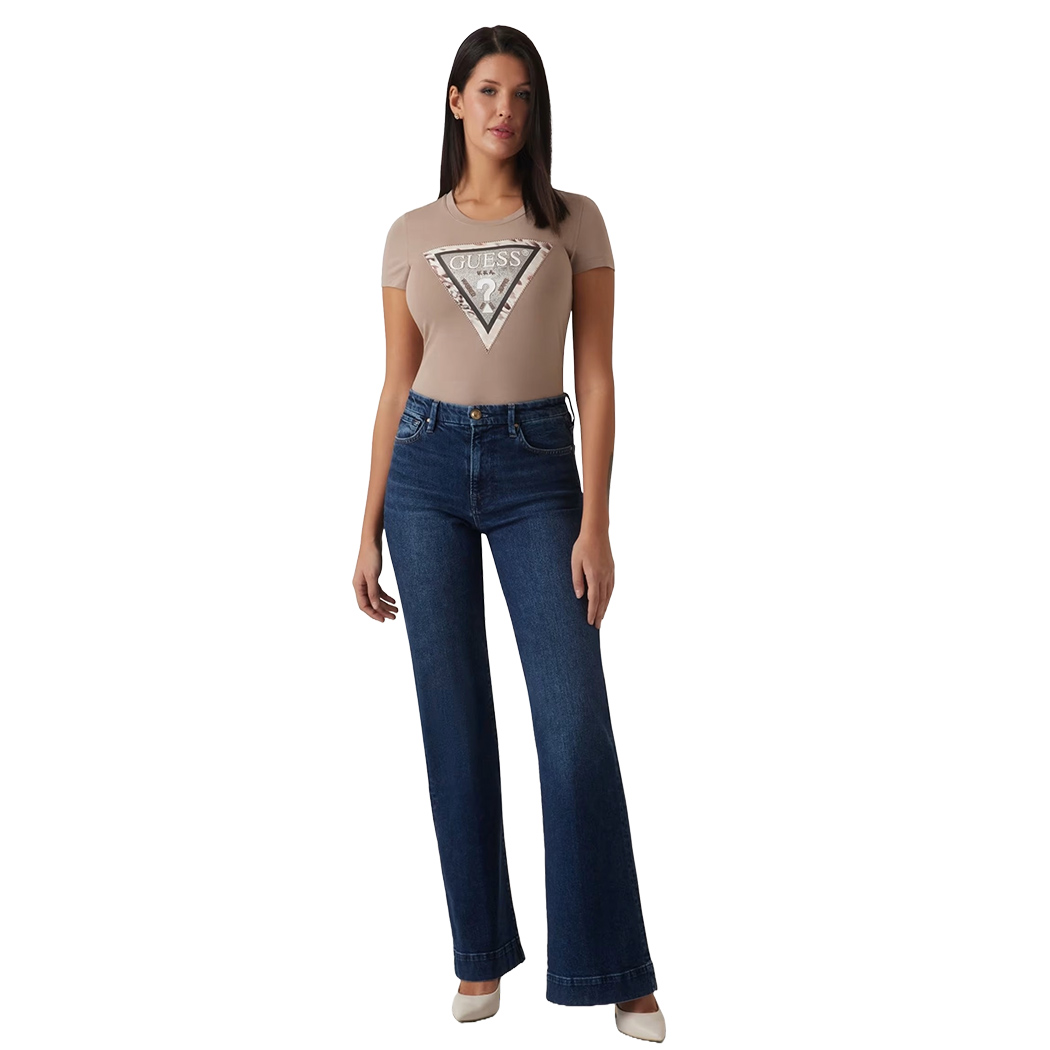 GUESS T-SHIRT MAGLIA MAGLIETTA DONNA LOGO FRONTALE TRIANGOLO STRASS W5RI22J1314