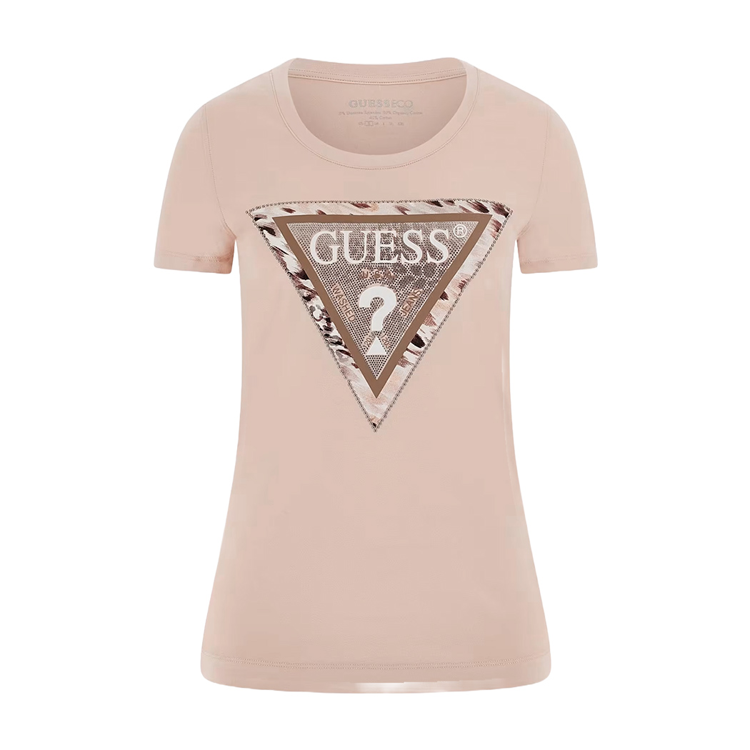 GUESS T-SHIRT MAGLIA MAGLIETTA DONNA LOGO FRONTALE TRIANGOLO STRASS W5RI22J1314