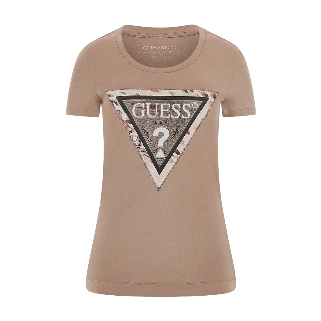 GUESS T-SHIRT MAGLIA MAGLIETTA DONNA LOGO FRONTALE TRIANGOLO STRASS W5RI22J1314