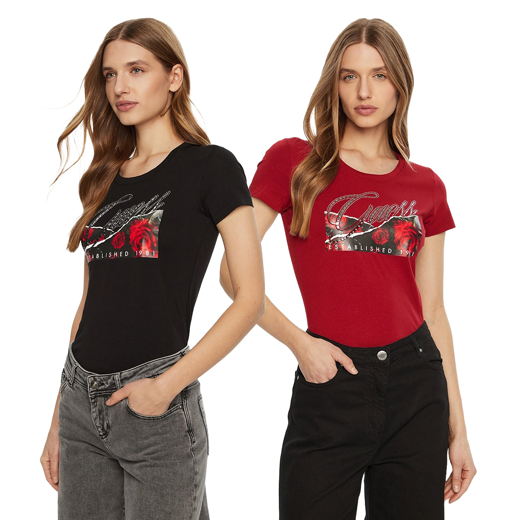 GUESS T-SHIRT MAGLIA MAGLIETTA DONNA STAMPA FLOREALE LOGO STRASS W5RI03J1314