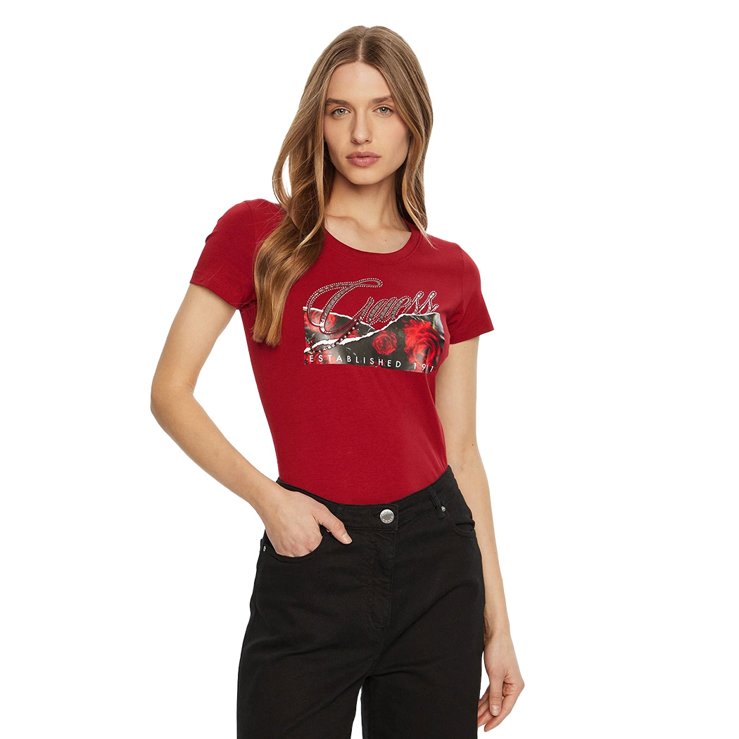 GUESS T-SHIRT MAGLIA MAGLIETTA DONNA STAMPA FLOREALE LOGO STRASS W5RI03J1314
