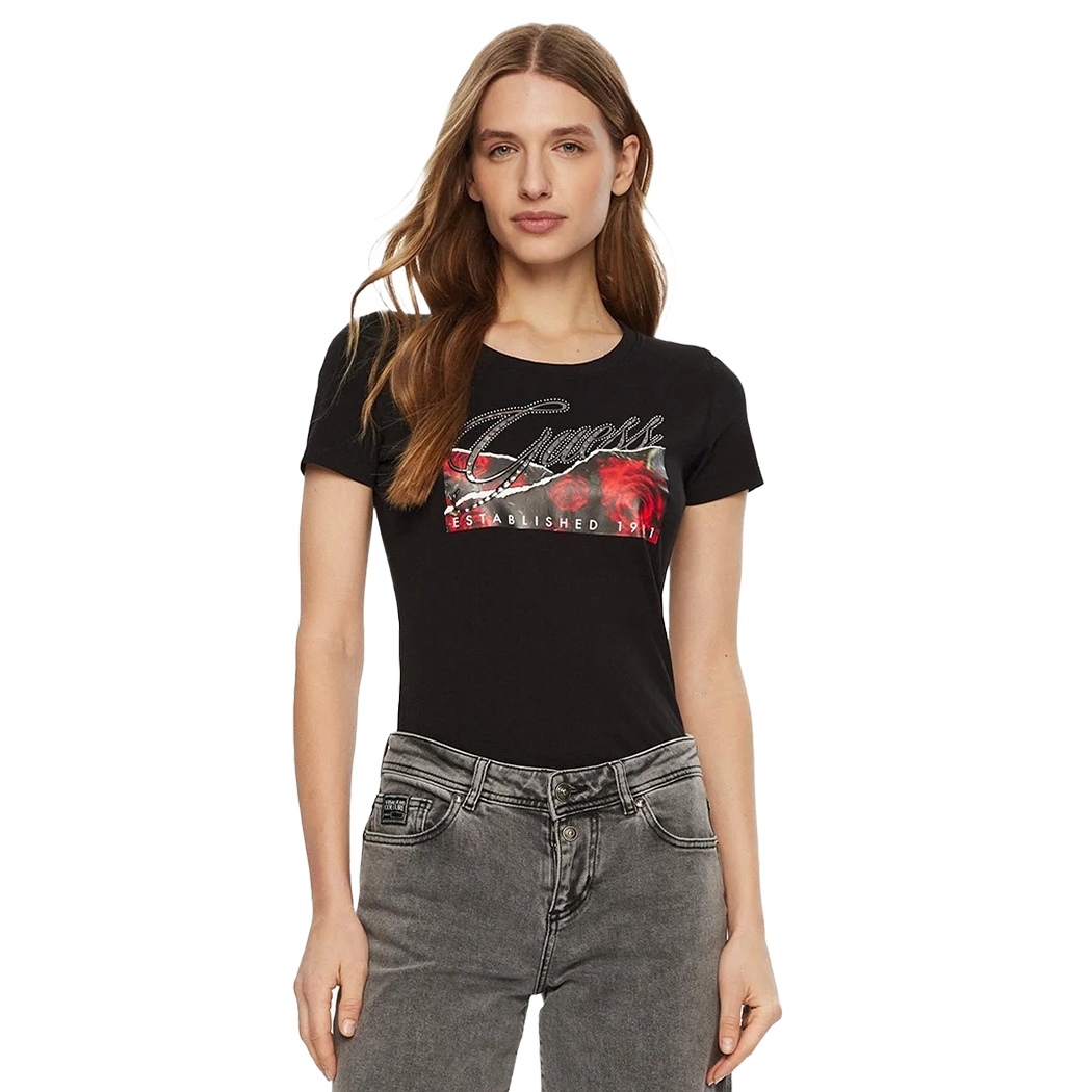GUESS T-SHIRT MAGLIA MAGLIETTA DONNA STAMPA FLOREALE LOGO STRASS W5RI03J1314