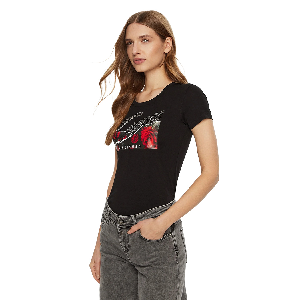 GUESS T-SHIRT MAGLIA MAGLIETTA DONNA STAMPA FLOREALE LOGO STRASS W5RI03J1314