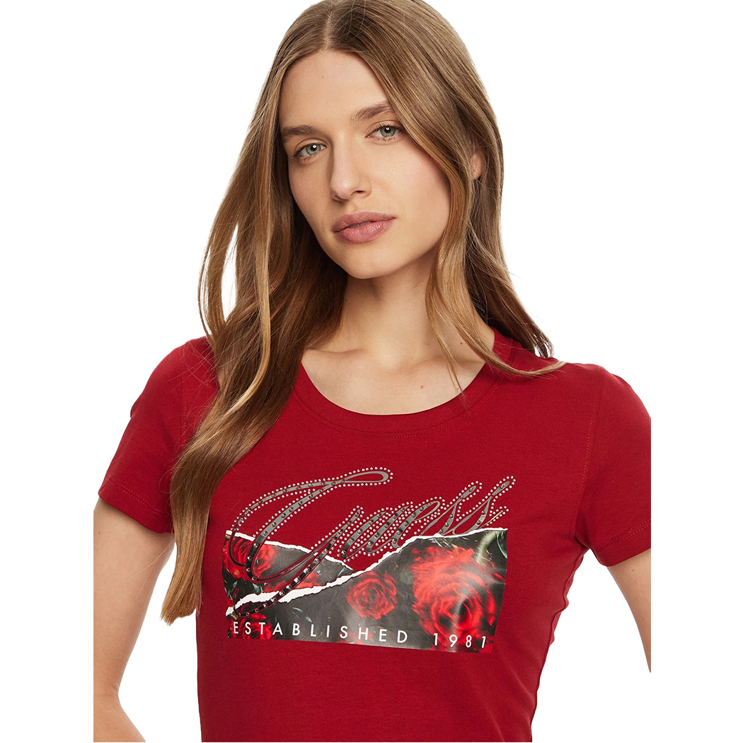 GUESS T-SHIRT MAGLIA MAGLIETTA DONNA STAMPA FLOREALE LOGO STRASS W5RI03J1314