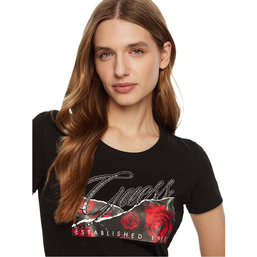 GUESS T-SHIRT MAGLIA MAGLIETTA DONNA STAMPA FLOREALE LOGO STRASS W5RI03J1314